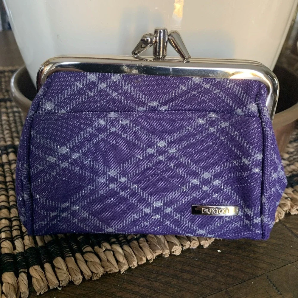 Buxton Purple Grey Metallic Diamond Argyle Plaid Coin Purse Snap‎ 3 Compartments